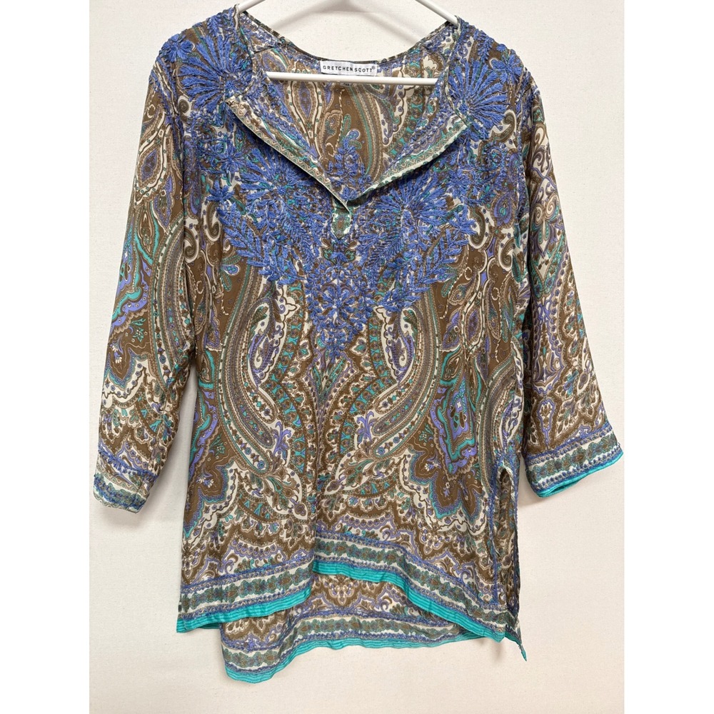 Gretchen Scott Paisley Embroidered Tunic Top Brown Blue Size M